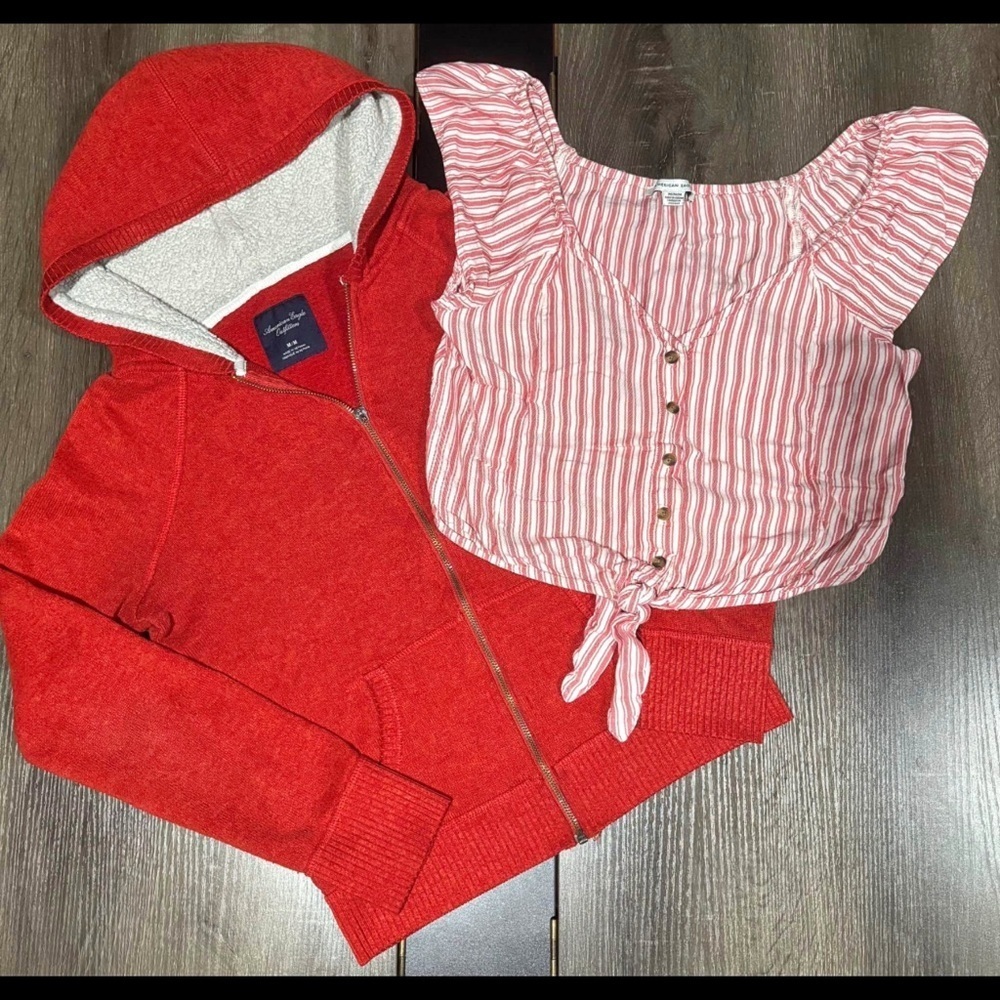 American Eagle Outfitters Red Hoodie and Striped Crop Top, Medium